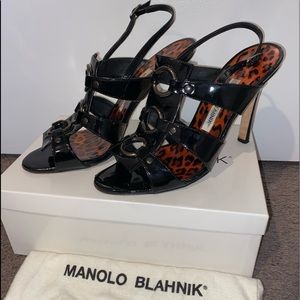 Manolo Blahnik vintage cheetah sole shiny leather strappy heeled sandals